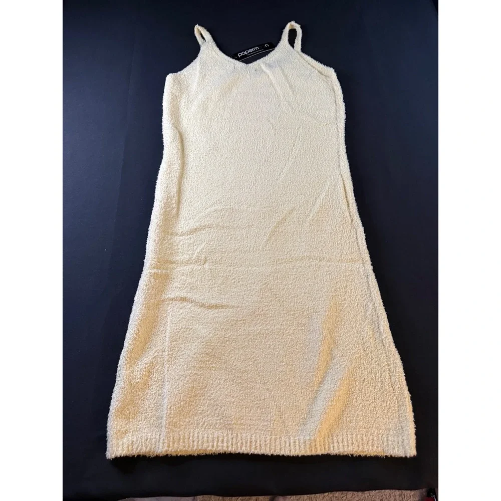 Paper Moon Cream Fuzzy Knit Sleeveless‎ V-Neck Midi Dress PD15824 Womens Size M